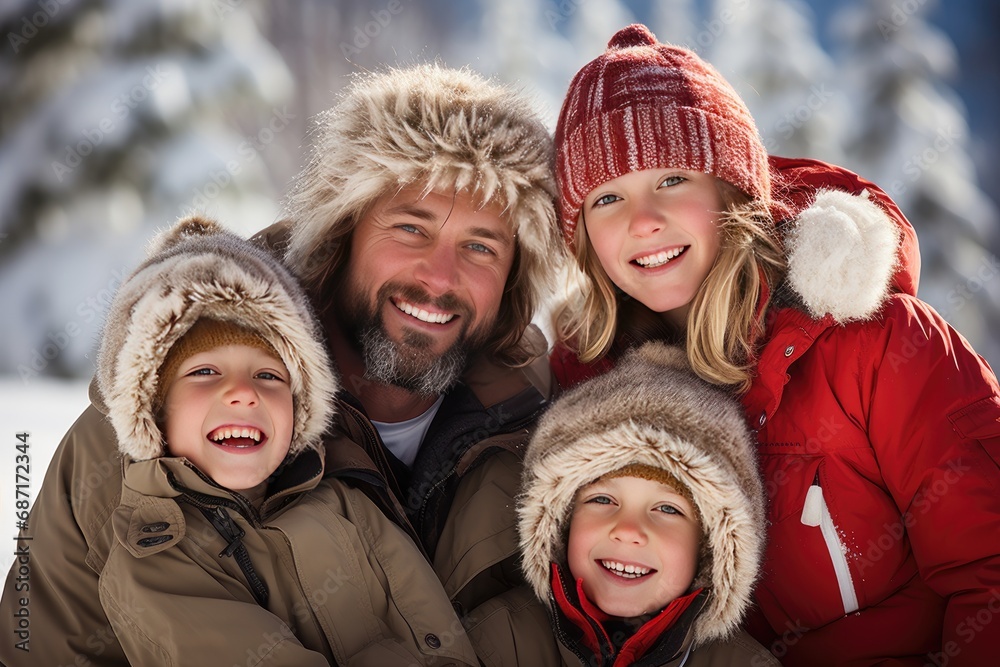 Family photo in winter clothes against a snowy backdrop Family photo in winter clothes against a snowy backdrop