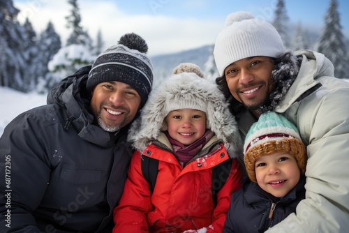 Family photo in winter clothes against a snowy backdrop