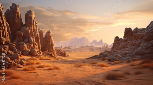 A surreal desert landscape with rock formations casting long shadows in the warm glow of a setting sun.