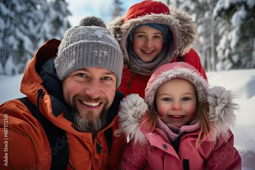 Family photo in winter clothes against a snowy backdrop © linen