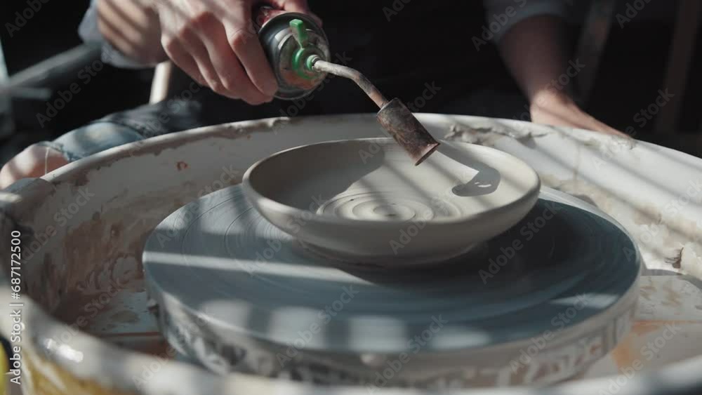 Clay firing. The plate rotates on the potter's wheel the potter dries