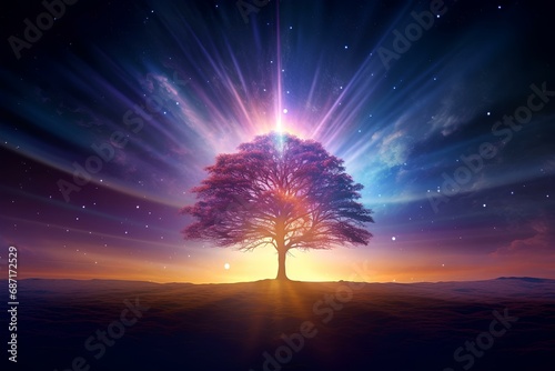 A colorful shining tree against the background of the night sky.