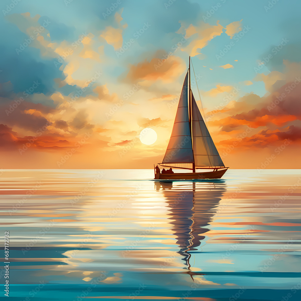 a simple seascape with a sailboat on a calm ocean.