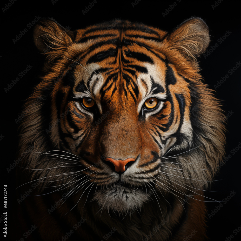 a tiger head portrait on a black background