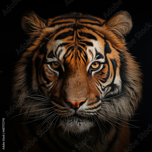 a tiger head portrait on a black background