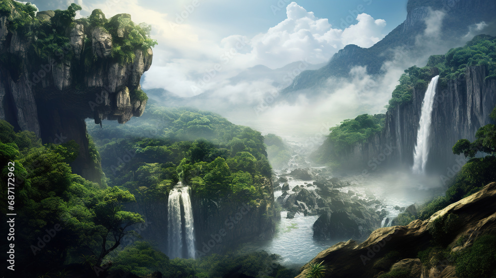 Fototapeta premium Waterfall in the Jungle. Generative Ai