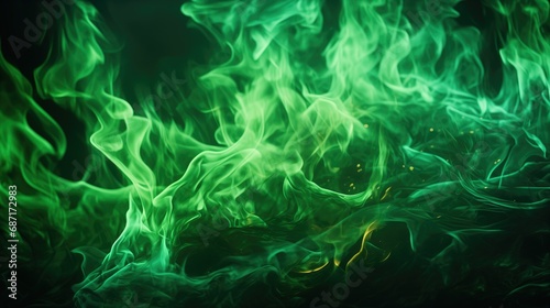 Close-up image of vibrant green flames with intense heat and dynamic motion. The hyper-realistic flames captivate with their intense brightness, flicker, and glowing intensity