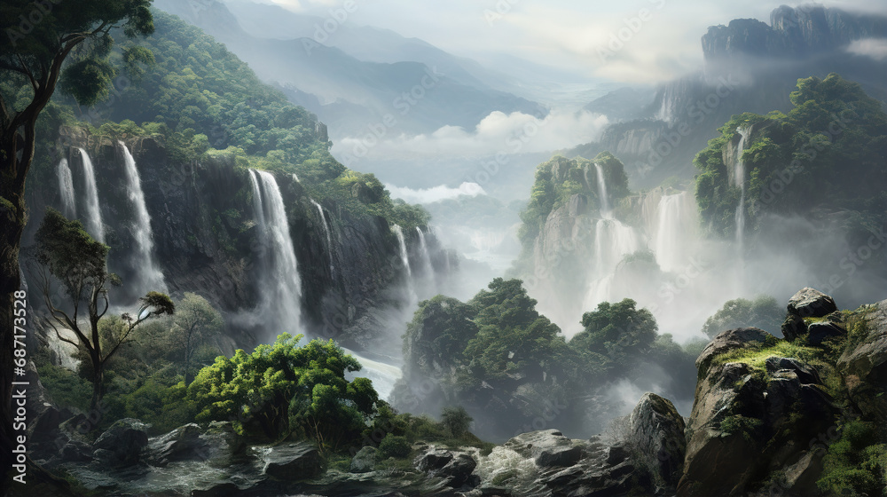 Fototapeta premium Waterfall in the Jungle. Generative Ai