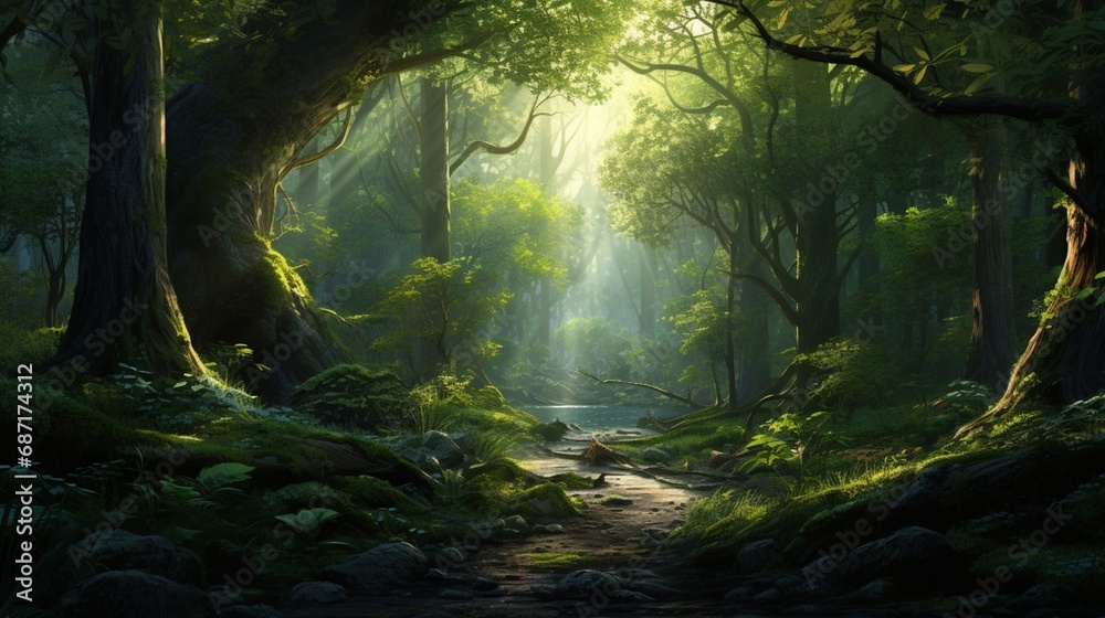 A tranquil forest scene with sunlight filtering through the lush green canopy, creating a serene atmosphere.