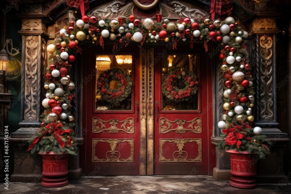 Fototapeta premium Christmas Decorated Doors - Generative AI