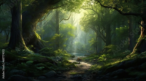 A tranquil forest scene with sunlight filtering through the lush green canopy, creating a serene atmosphere.