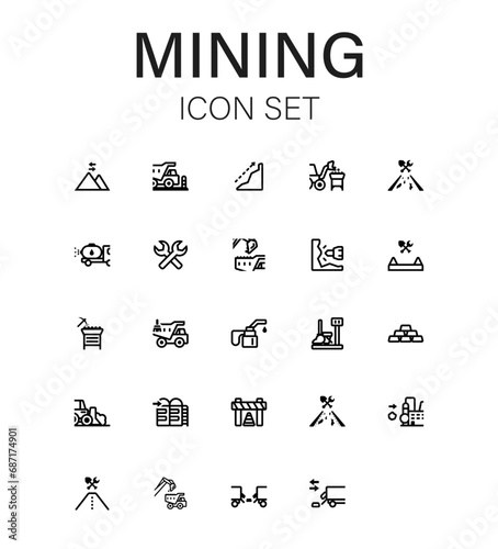 Set of 24 outlinedicons representing diverse facets of the mining industry. Streamlined and modern line art icon collection. © Marcel