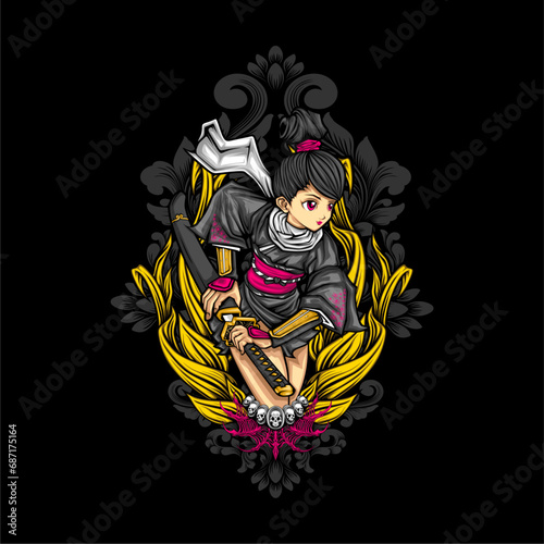 samurai girl illustration for t shirt design