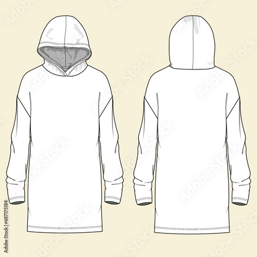 Women's Long hoodie. Dress in technical fashion illustration with front pocket detail. Flat apparel dress template front and back, white color. Women's CAD mock-up.