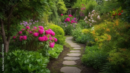 A tranquil garden scene with a stone pathway winding through vibrant flowers and lush greenery, inviting peaceful contemplation.