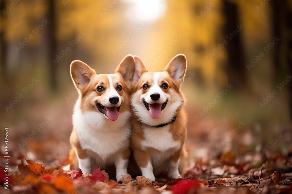 Two welsh corgis pembroke dogs sitting next to each other sitting in grass on a sunny day in the forest Two welsh corgis pembroke dogs sitting next to each other sitting in grass on a sunny day in the forest