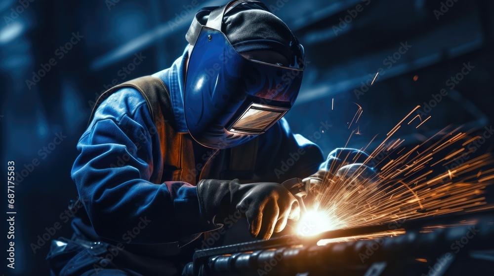 High-energy composition of an industrial worker in a dark blue jumpsuit and protective mask. Sparks fly as they wield a welding torch with sharp focus. Darkened visor reveals their visible eyes