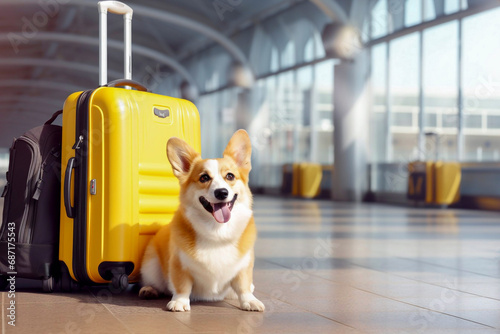 Adorable cute Corgi going on vacation, standing next to yellow suitcase on background of airport. Vacation and Travel concept