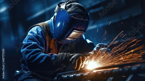 High-energy composition of an industrial worker in a dark blue jumpsuit and protective mask. Sparks fly as they wield a welding torch with sharp focus. Darkened visor reveals their visible eyes