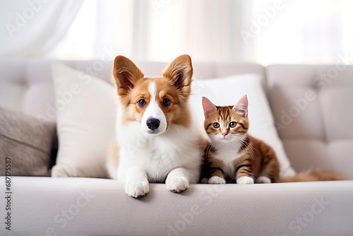 Curious corgi dog and kitten. Pets look at the camera while lying on the couch in the bright living room. Best friends