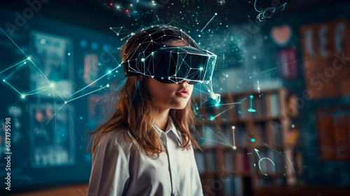 Smart curious schoolgirl pupil with VR glasses googles studying the neural connections of the brain in a classroom at school. Simulation science. Student uses a virtual reality headset to study