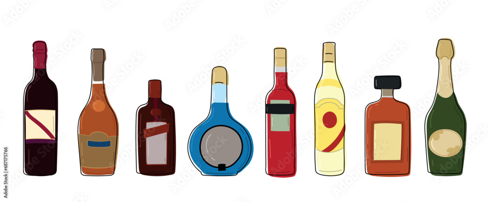 Set of different alcohol drinks and beverages. Flat design style. Vector alcohol bottles wine and champagne, whiskey and rum