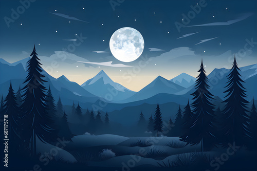 Mountain glowing on moonlight. Night landscape, moon. Starry sky in the clouds. Night forest. Full moon night bright stars are filling the sky. 