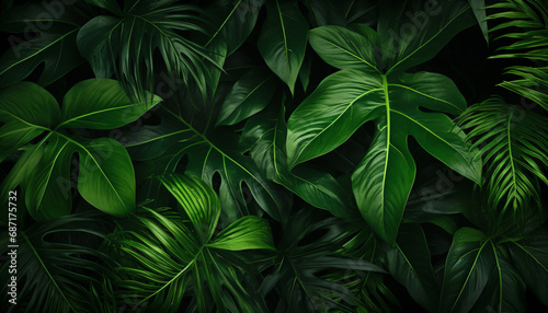 closeup nature view of green leaf and palms background. abstract green leaf texture  nature dark tone background  tropical leaf. 