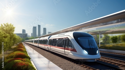Futuristic train station with sleek design and advanced train depicting sustainable development concept
