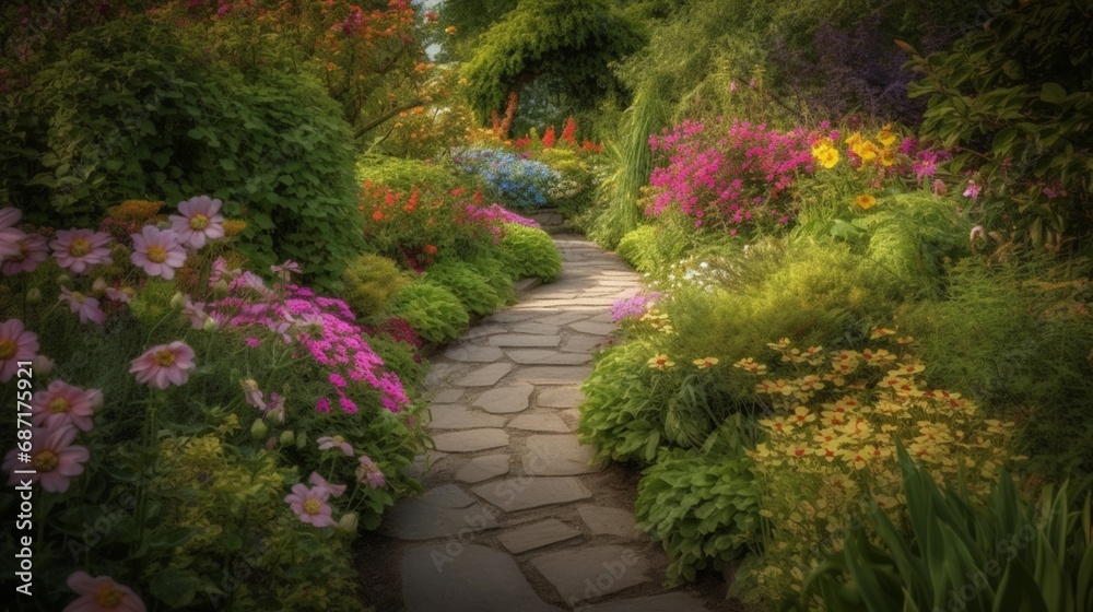 A tranquil garden scene with a stone pathway winding through vibrant flowers and lush greenery, inviting peaceful contemplation.