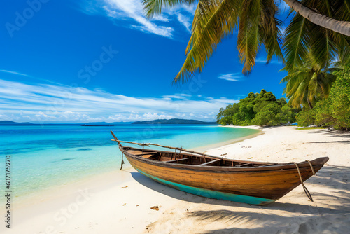 A canoe on the shore of a tropical island © Adrian Grosu