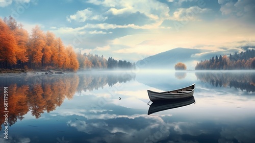 A tranquil lakeside scene with a lone boat drifting on calm waters, surrounded by reflections of the surrounding nature.