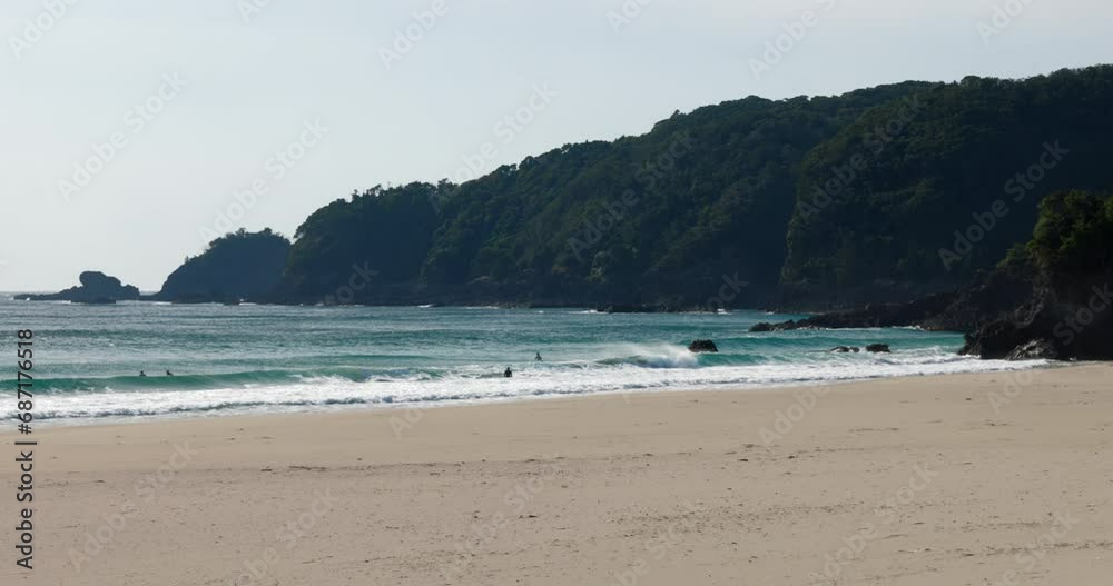 木に覆われた岬と波が打ち寄せる砂浜の風景。 木に覆われた岬と波が打ち寄せる砂浜の風景。