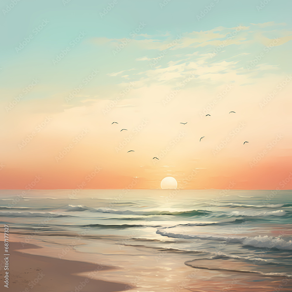 a minimalist seascape with a gentle wave and seagulls in the distance.