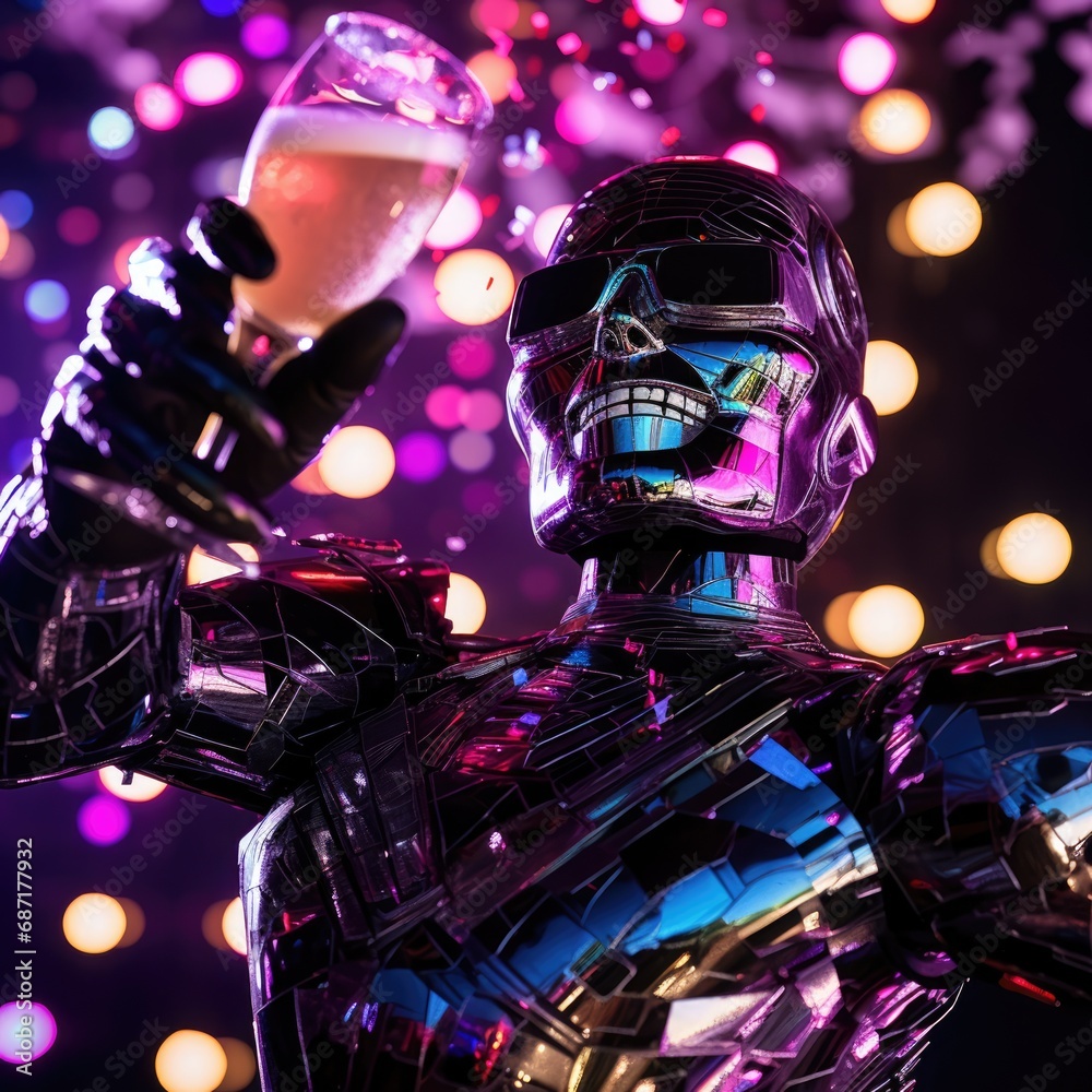 a robot celebrating New Year's Eve with a champagne glass in the future