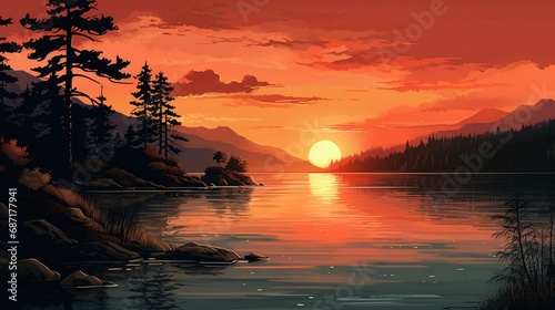 A tranquil lakeside sunset, with warm hues reflecting on calm waters and silhouettes of trees against the evening sky.
