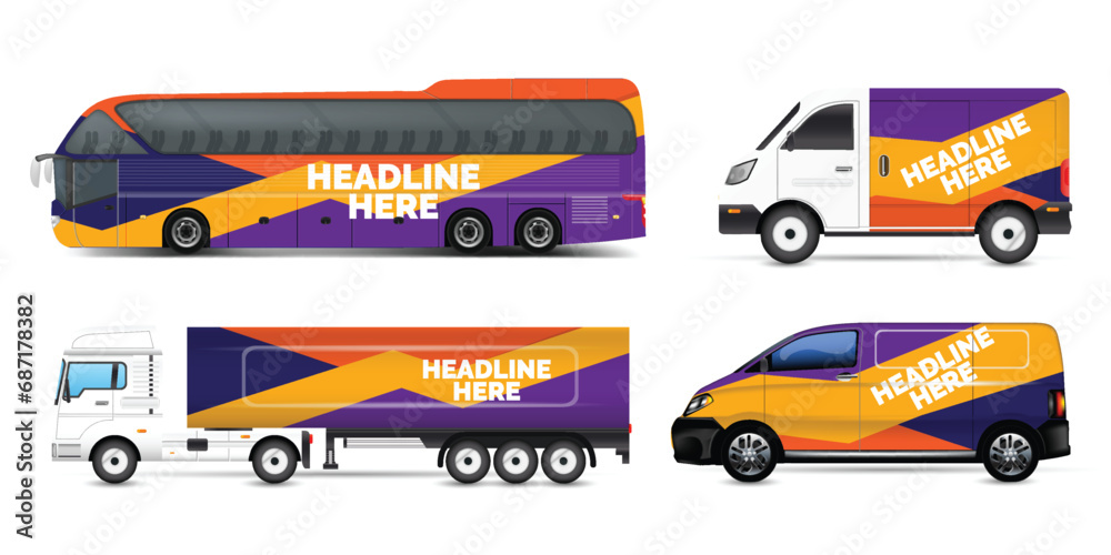 Vector car branding template design set of Coach Promo tour Bus, Cargo Van, and Commercial Car isolated on grey. Abstract hi-tech technology geometric elements for Brand identity and Advertising