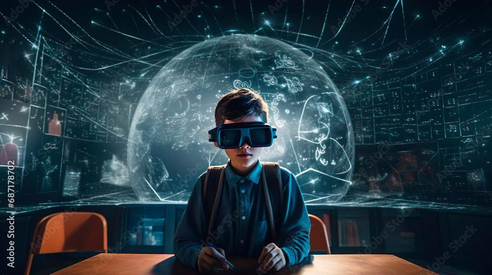Smart curious schoolboy pupil with VR glasses googles studying the astronomy space and neural connections of the brain in a classroom at school. Simulation science. Student uses a virtual reality Smart curious schoolboy pupil with VR glasses googles studying the astronomy space and neural connections of the brain in a classroom at school. Simulation science. Student uses a virtual reality
