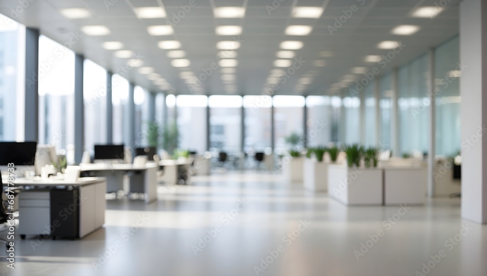 Blurred empty open space office. Abstract light bokeh at office interior background for design. - obrazy, fototapety, plakaty 