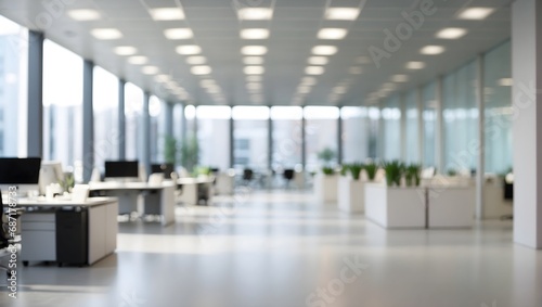 Blurred empty open space office. Abstract light bokeh at office interior background for design. photo
