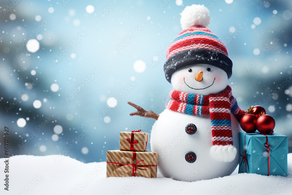 Cute snowman with gifts in snowy background wallpaper for Christmas card. Merry Xmas in December. Generative AI