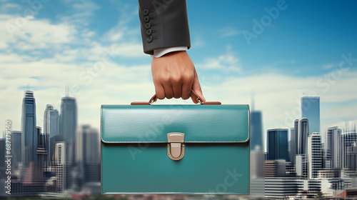 A professional's hand holding a teal briefcase photo