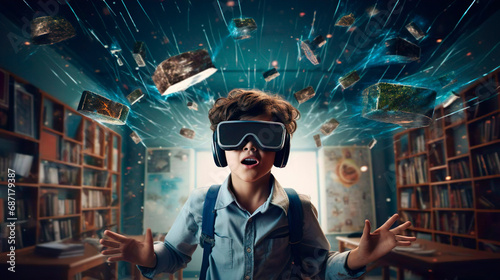 Surprised schoolboy boy pupil with VR glasses studying at classroom. Simulation science. Student uses a virtual reality headset to study. Futuristic lifestyle learning mathematics and geometry photo