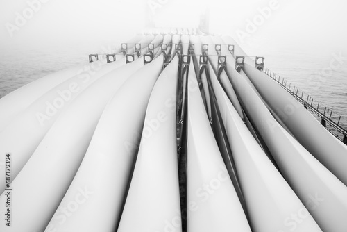 Transportation of blades for wind turbines on a cargo ship across the ocean in fog. photo