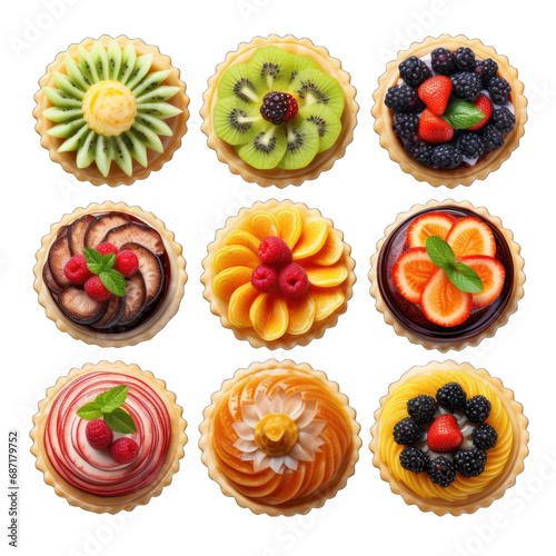 Top View of Fruit Tartlets Isolated on Transparent or White Background, PNG