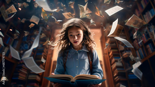 Surprised girl pupil student with floating flying levitating books in the air. Young fantasy magical sorceress finding information in college library.