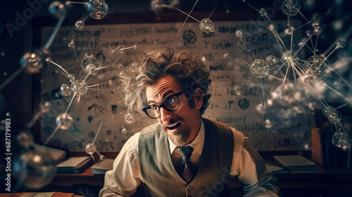 The professor teacher scientist comes up with a new formula for medical research and analysis. Crazy mad male pharmaceutical researcher chemist conducts experiment with reagents and molecule in the photo