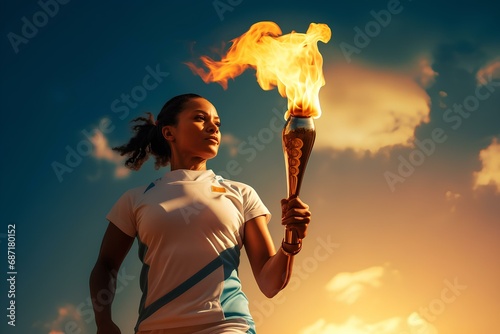An African-American female athlete runs with a torch, holding the Olympic flame against the sky.