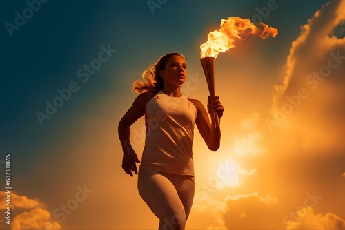 A female athlete runs with a torch, holding the Olympic flame against the sky.