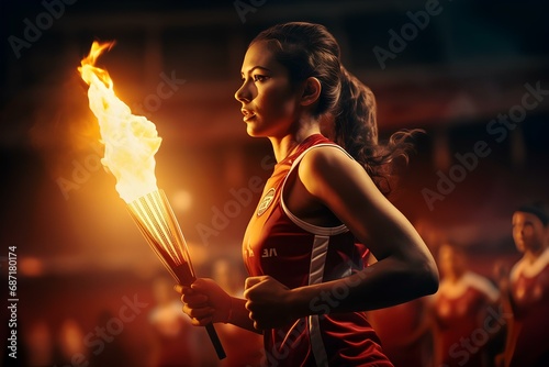 A female athlete runs with a torch through the stadium, holding the Olympic flame. photo